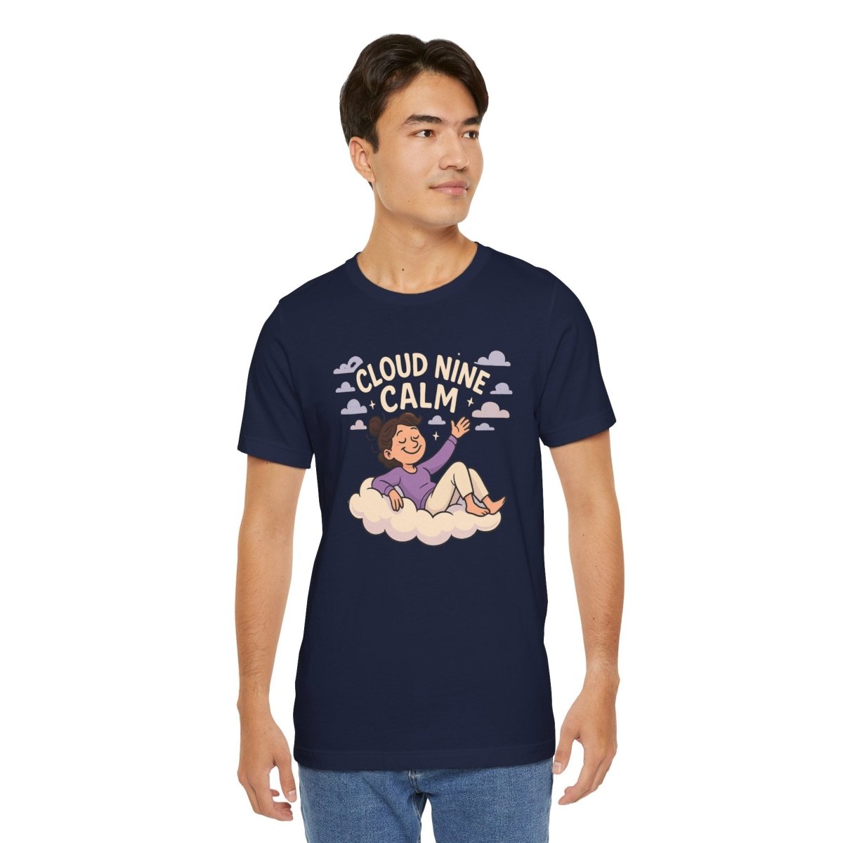 "Cloud Nine Calm" Relaxed Unisex Jersey Short Sleeve T-Shirt, Gift for Mindfulness, Cozy Fashion, Casual Wear, Relaxation Outfit - CW2 MINDSet Collection - AI Tee Hero