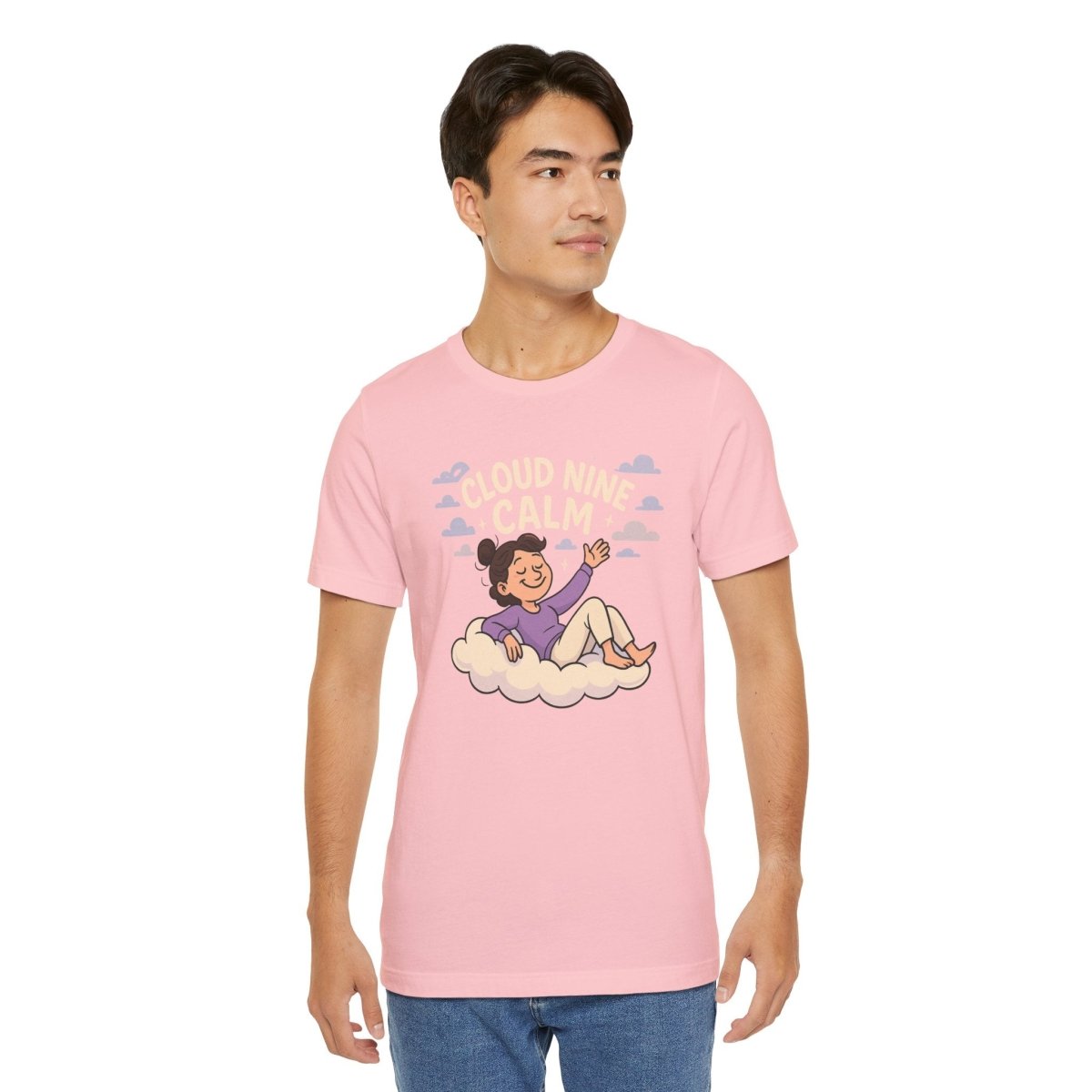 "Cloud Nine Calm" Relaxed Unisex Jersey Short Sleeve T-Shirt, Gift for Mindfulness, Cozy Fashion, Casual Wear, Relaxation Outfit - CW2 MINDSet Collection - AI Tee Hero