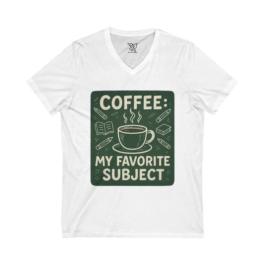 "Coffee: My Favorite Subject" Lover V - Neck Tee, Funny Coffee Shirt, Gift for Teachers, Coffee Themed Apparel, Relaxed Fit T-Shirt - AI Tee Hero