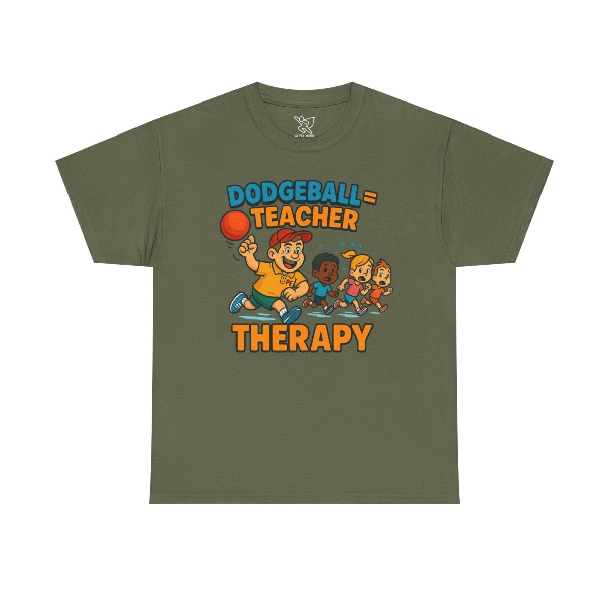 "Dodgeball = Teacher Therapy" Energetic P.E. Teacher Tee, Unisex Cotton Shirt, Fun Sports Apparel, Gift for Coaches, Back - to - School - AI Tee Hero