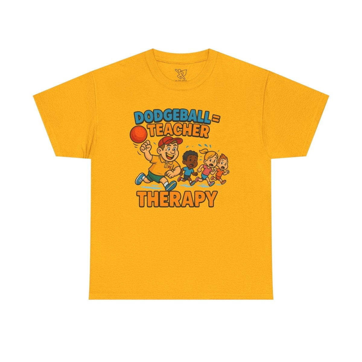 "Dodgeball = Teacher Therapy" Energetic P.E. Teacher Tee, Unisex Cotton Shirt, Fun Sports Apparel, Gift for Coaches, Back - to - School - AI Tee Hero