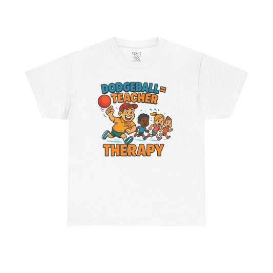 "Dodgeball = Teacher Therapy" Energetic P.E. Teacher Tee, Unisex Cotton Shirt, Fun Sports Apparel, Gift for Coaches, Back - to - School - AI Tee Hero