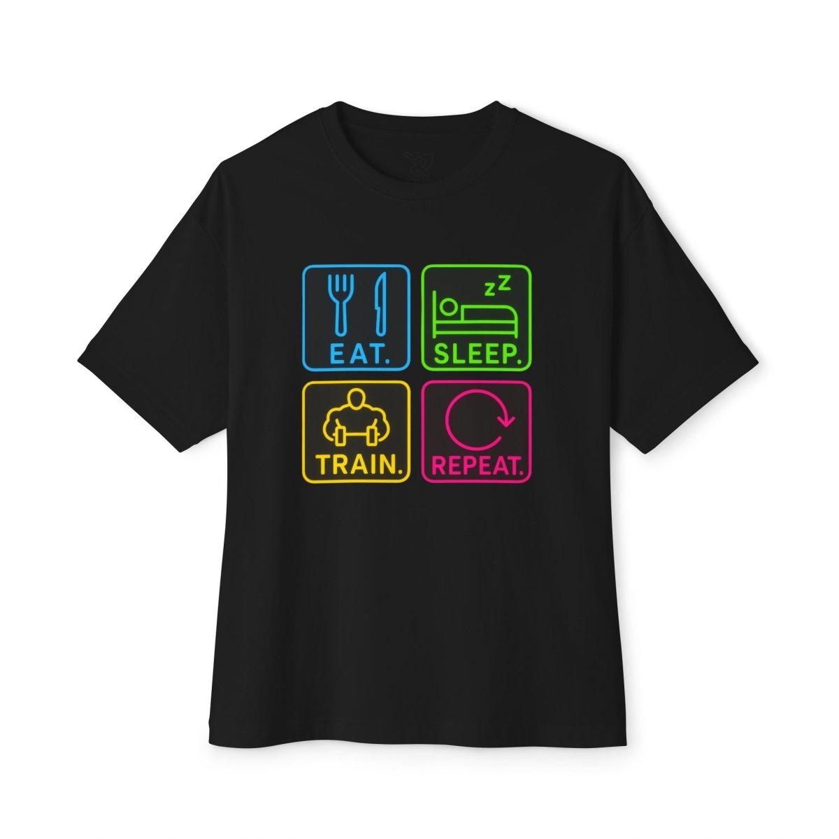 "EAT.SLEEP.TRAIN.REPEAT." Active Lifestyle Oversized Tee, Gym Shirt, Fitness Motivational Tee, Workout Top, Casual Wear, Gift for Athletes, Unisex Boxy Tee MINDSet - AI Tee Hero
