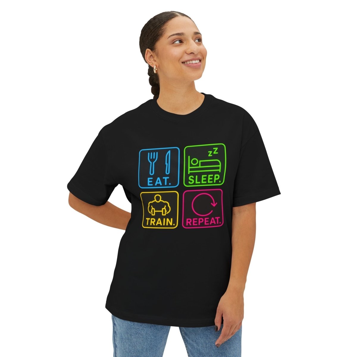 "EAT.SLEEP.TRAIN.REPEAT." Active Lifestyle Oversized Tee, Gym Shirt, Fitness Motivational Tee, Workout Top, Casual Wear, Gift for Athletes, Unisex Boxy Tee MINDSet - AI Tee Hero