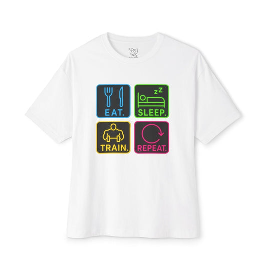 "EAT.SLEEP.TRAIN.REPEAT." Active Lifestyle Oversized Tee, Gym Shirt, Fitness Motivational Tee, Workout Top, Casual Wear, Gift for Athletes, Unisex Boxy Tee MINDSet - AI Tee Hero