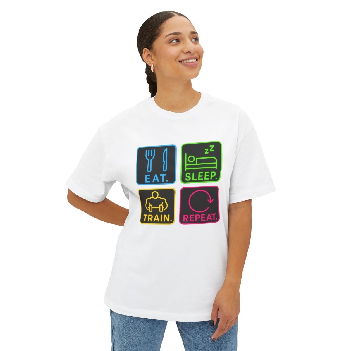 "EAT.SLEEP.TRAIN.REPEAT." Active Lifestyle Oversized Tee, Gym Shirt, Fitness Motivational Tee, Workout Top, Casual Wear, Gift for Athletes, Unisex Boxy Tee MINDSet - AI Tee Hero
