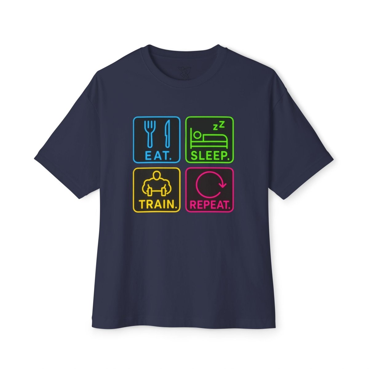 "EAT.SLEEP.TRAIN.REPEAT." Active Lifestyle Oversized Tee, Gym Shirt, Fitness Motivational Tee, Workout Top, Casual Wear, Gift for Athletes, Unisex Boxy Tee MINDSet - AI Tee Hero