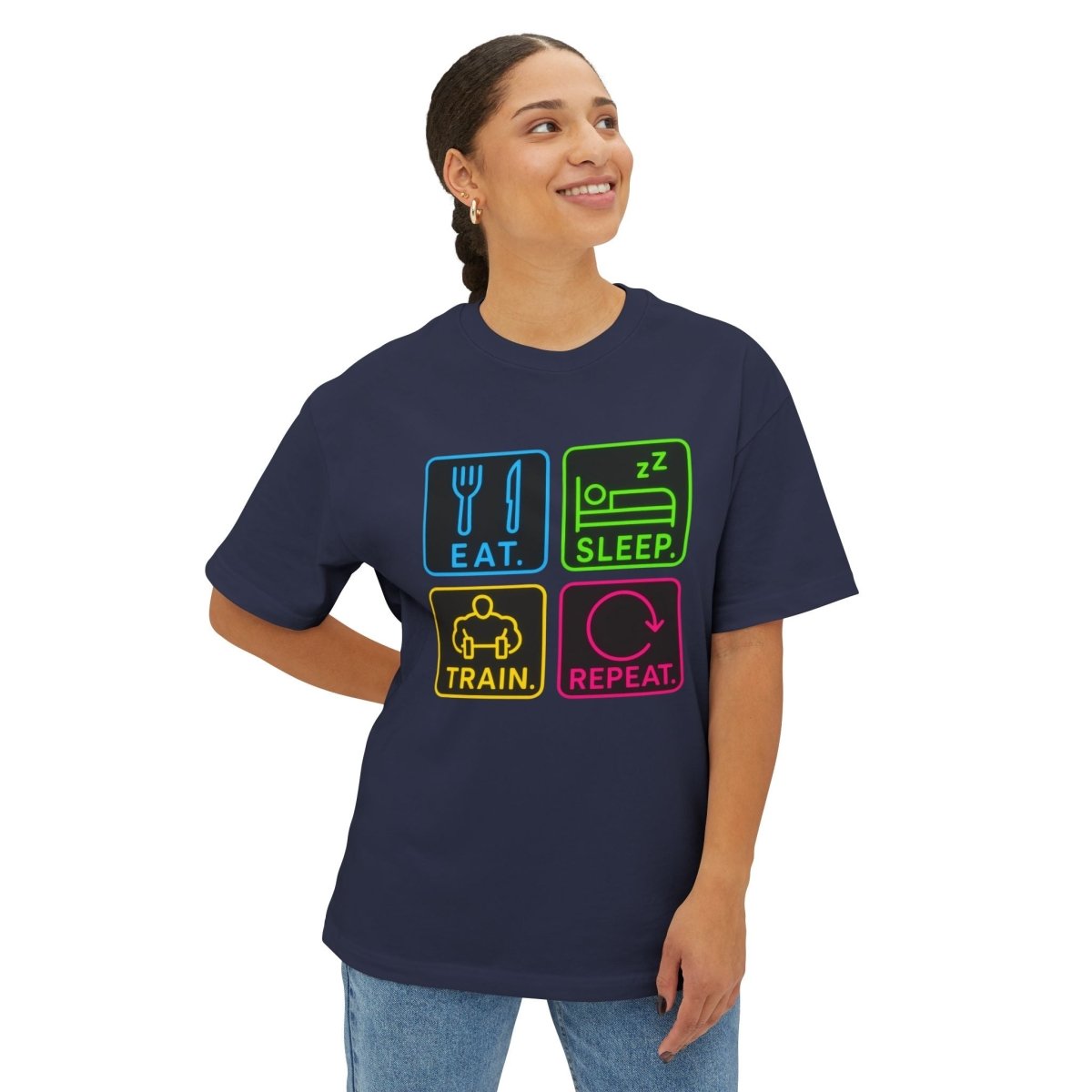 "EAT.SLEEP.TRAIN.REPEAT." Active Lifestyle Oversized Tee, Gym Shirt, Fitness Motivational Tee, Workout Top, Casual Wear, Gift for Athletes, Unisex Boxy Tee MINDSet - AI Tee Hero