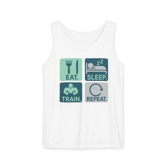 "EAT.SLEEP.TRAIN.REPEAT." Active Lifestyle Tank Top - Gym Wear, Fitness Apparel, Workout Shirt, Casual Summer Top, Gift for Athletes MINDSet - AI Tee Hero