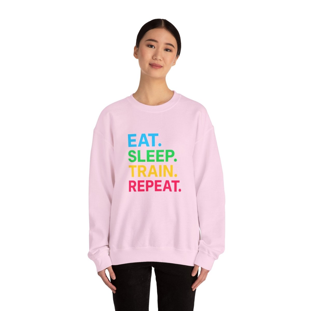 "EAT.SLEEP.TRAIN.REPEAT." Fitness Crewneck Sweatshirt - Ideal for Gym Lovers, Athletes, Workout Gear, Gift Idea for Health Buff MINDSet - AI Tee Hero