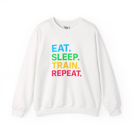 "EAT.SLEEP.TRAIN.REPEAT." Fitness Crewneck Sweatshirt - Ideal for Gym Lovers, Athletes, Workout Gear, Gift Idea for Health Buff MINDSet - AI Tee Hero