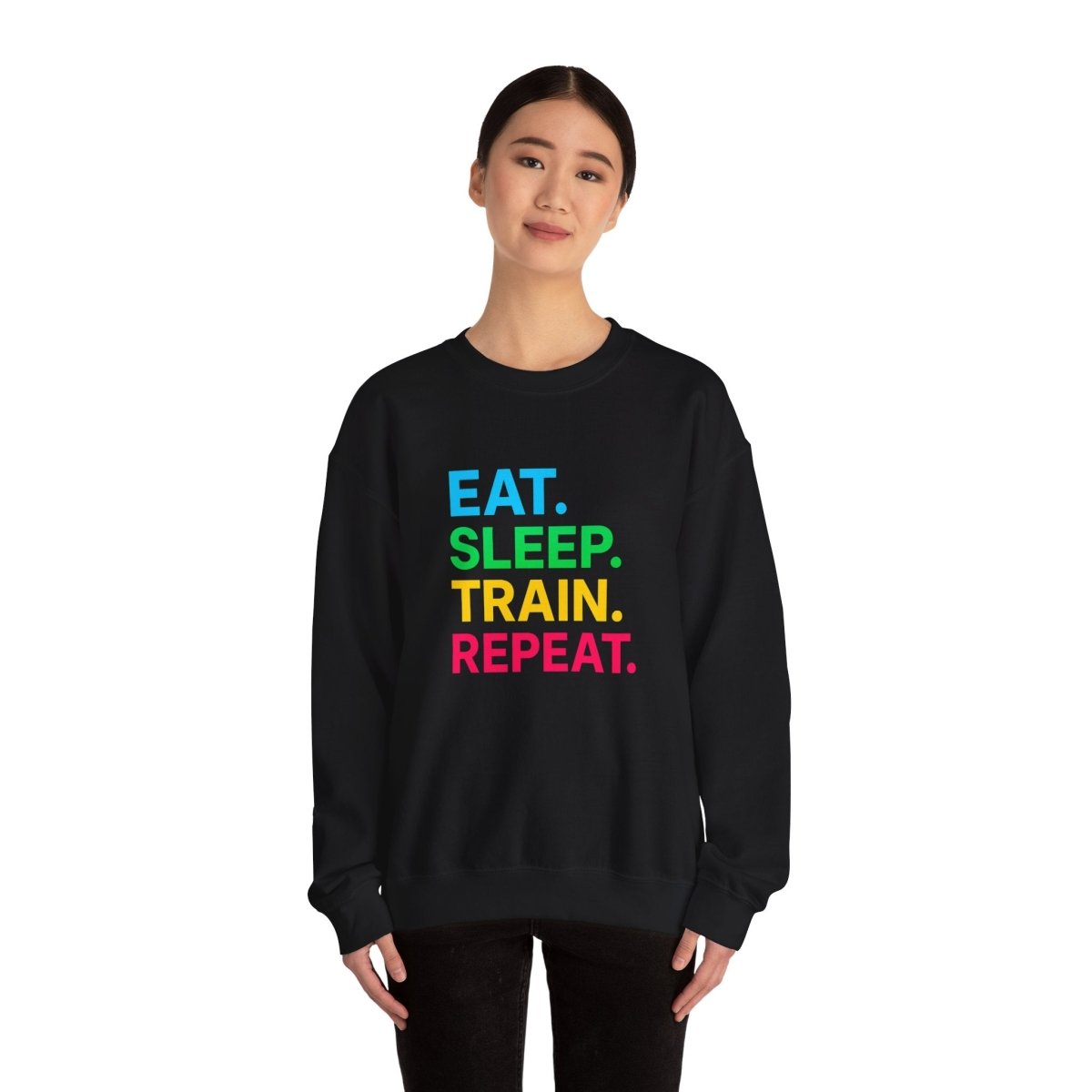 "EAT.SLEEP.TRAIN.REPEAT." Fitness Crewneck Sweatshirt - Ideal for Gym Lovers, Athletes, Workout Gear, Gift Idea for Health Buff MINDSet - AI Tee Hero