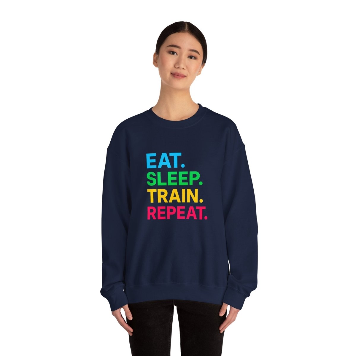 "EAT.SLEEP.TRAIN.REPEAT." Fitness Crewneck Sweatshirt - Ideal for Gym Lovers, Athletes, Workout Gear, Gift Idea for Health Buff MINDSet - AI Tee Hero