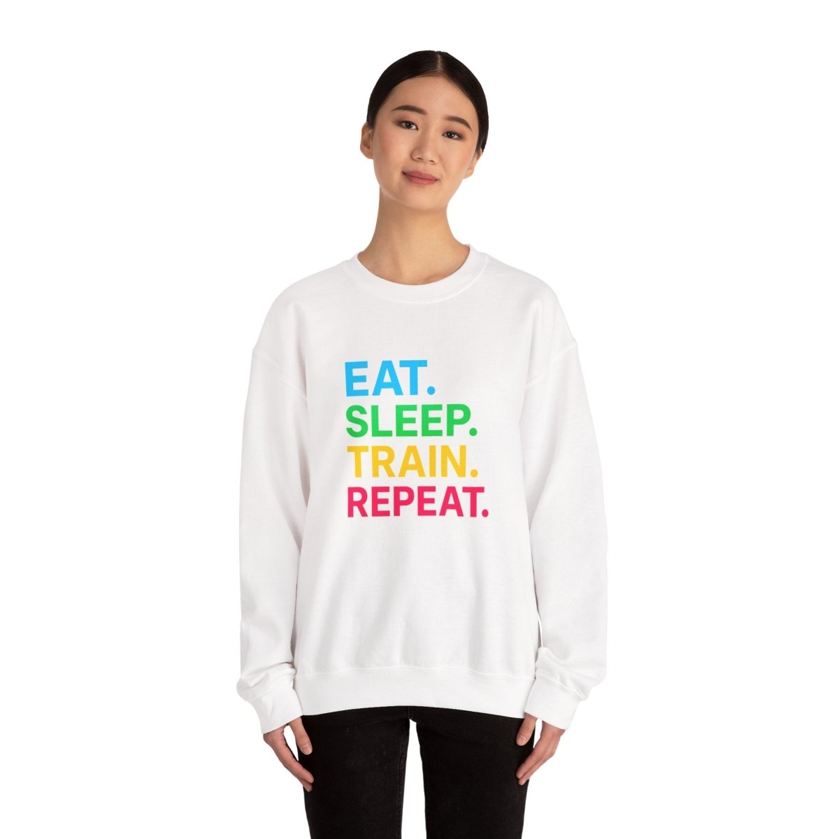 "EAT.SLEEP.TRAIN.REPEAT." Fitness Crewneck Sweatshirt - Ideal for Gym Lovers, Athletes, Workout Gear, Gift Idea for Health Buff MINDSet - AI Tee Hero