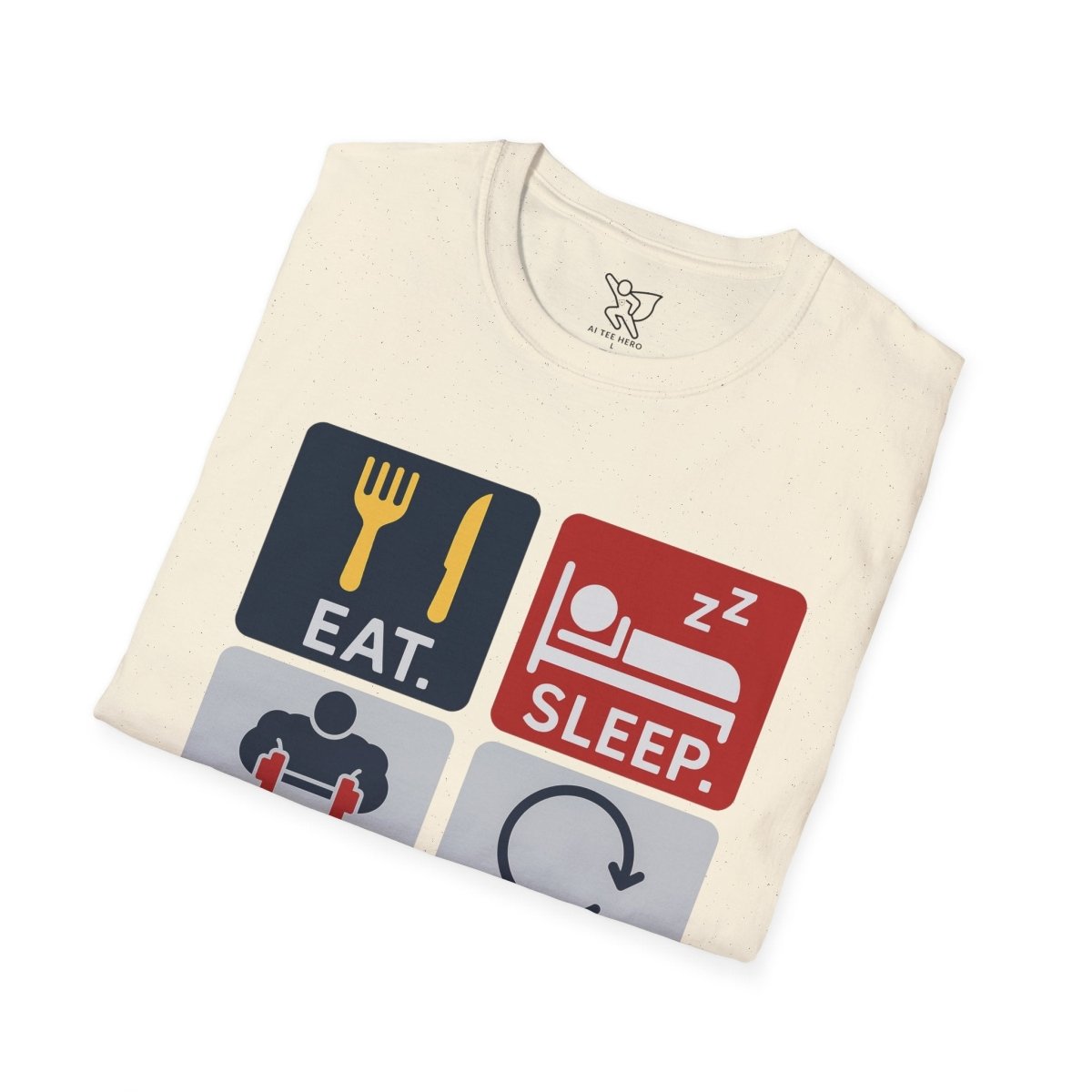 "EAT.SLEEP.TRAIN.REPEAT." Witty T-Shirt, Fitness Humor Tee, Workout Gift, Gym Apparel, Unisex Activewear, Inspirational Sports Shirt MINDSet - AI Tee Hero