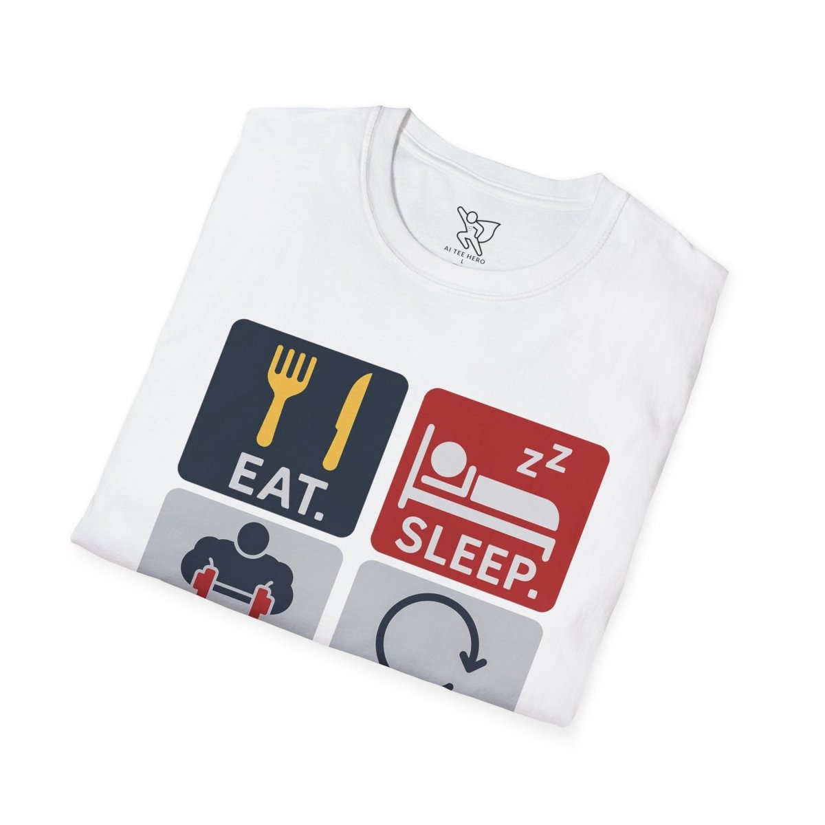 "EAT.SLEEP.TRAIN.REPEAT." Witty T-Shirt, Fitness Humor Tee, Workout Gift, Gym Apparel, Unisex Activewear, Inspirational Sports Shirt MINDSet - AI Tee Hero
