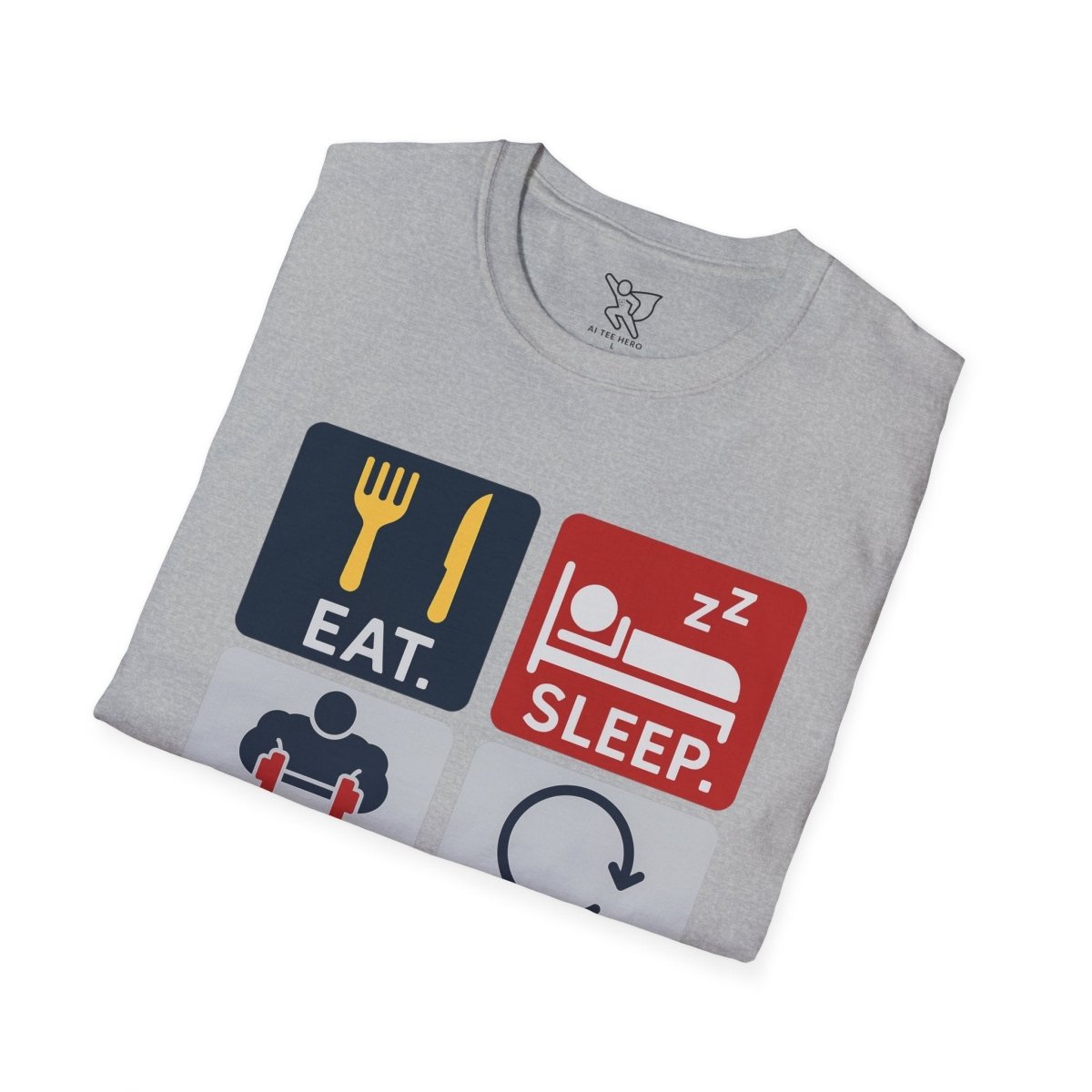 "EAT.SLEEP.TRAIN.REPEAT." Witty T-Shirt, Fitness Humor Tee, Workout Gift, Gym Apparel, Unisex Activewear, Inspirational Sports Shirt MINDSet - AI Tee Hero