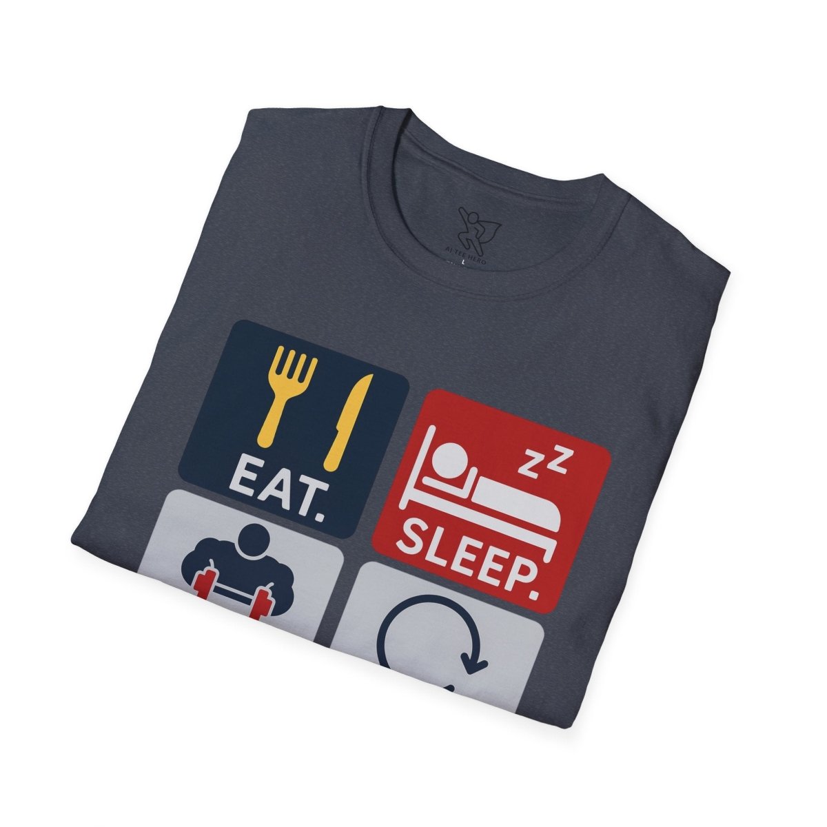 "EAT.SLEEP.TRAIN.REPEAT." Witty T-Shirt, Fitness Humor Tee, Workout Gift, Gym Apparel, Unisex Activewear, Inspirational Sports Shirt MINDSet - AI Tee Hero