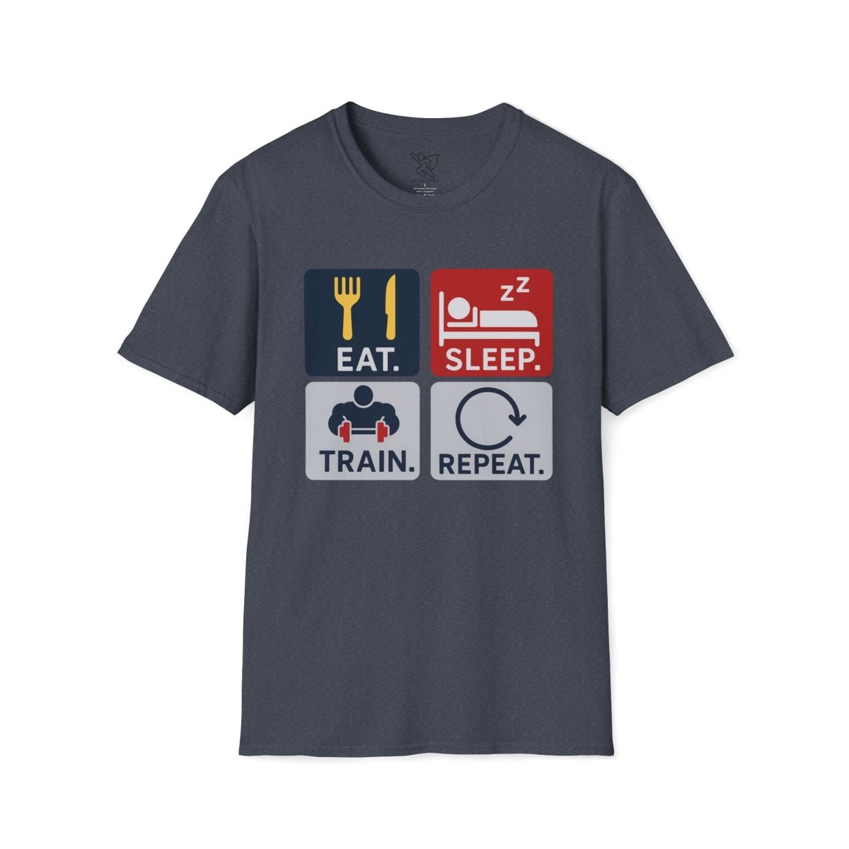 "EAT.SLEEP.TRAIN.REPEAT." Witty T-Shirt, Fitness Humor Tee, Workout Gift, Gym Apparel, Unisex Activewear, Inspirational Sports Shirt MINDSet - AI Tee Hero