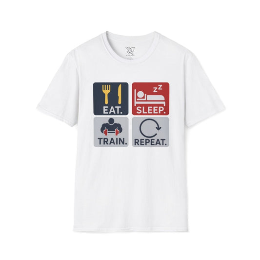"EAT.SLEEP.TRAIN.REPEAT." Witty T-Shirt, Fitness Humor Tee, Workout Gift, Gym Apparel, Unisex Activewear, Inspirational Sports Shirt MINDSet - AI Tee Hero