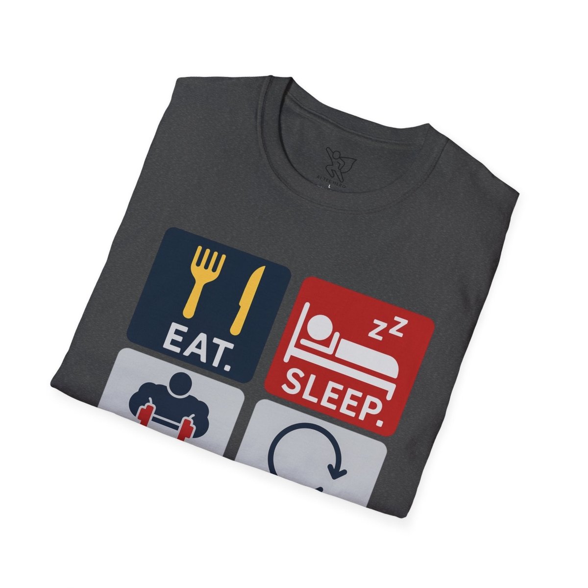 "EAT.SLEEP.TRAIN.REPEAT." Witty T-Shirt, Fitness Humor Tee, Workout Gift, Gym Apparel, Unisex Activewear, Inspirational Sports Shirt MINDSet - AI Tee Hero