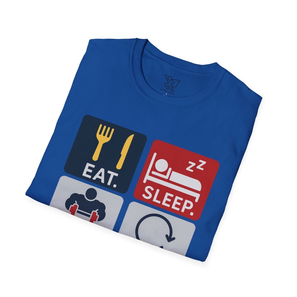 "EAT.SLEEP.TRAIN.REPEAT." Witty T-Shirt, Fitness Humor Tee, Workout Gift, Gym Apparel, Unisex Activewear, Inspirational Sports Shirt MINDSet - AI Tee Hero