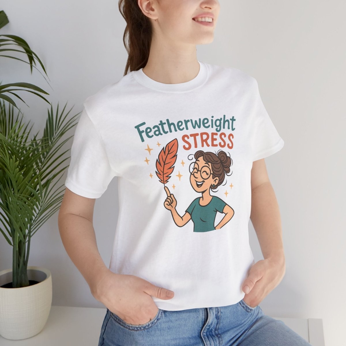 "Featherweight Stress" Unisex Tee, Funny Graphic T-Shirt, Relaxation Shirt, Gift for Mental Health Awareness, Cute Casual Wear - MINDSet Collection - AI Tee Hero