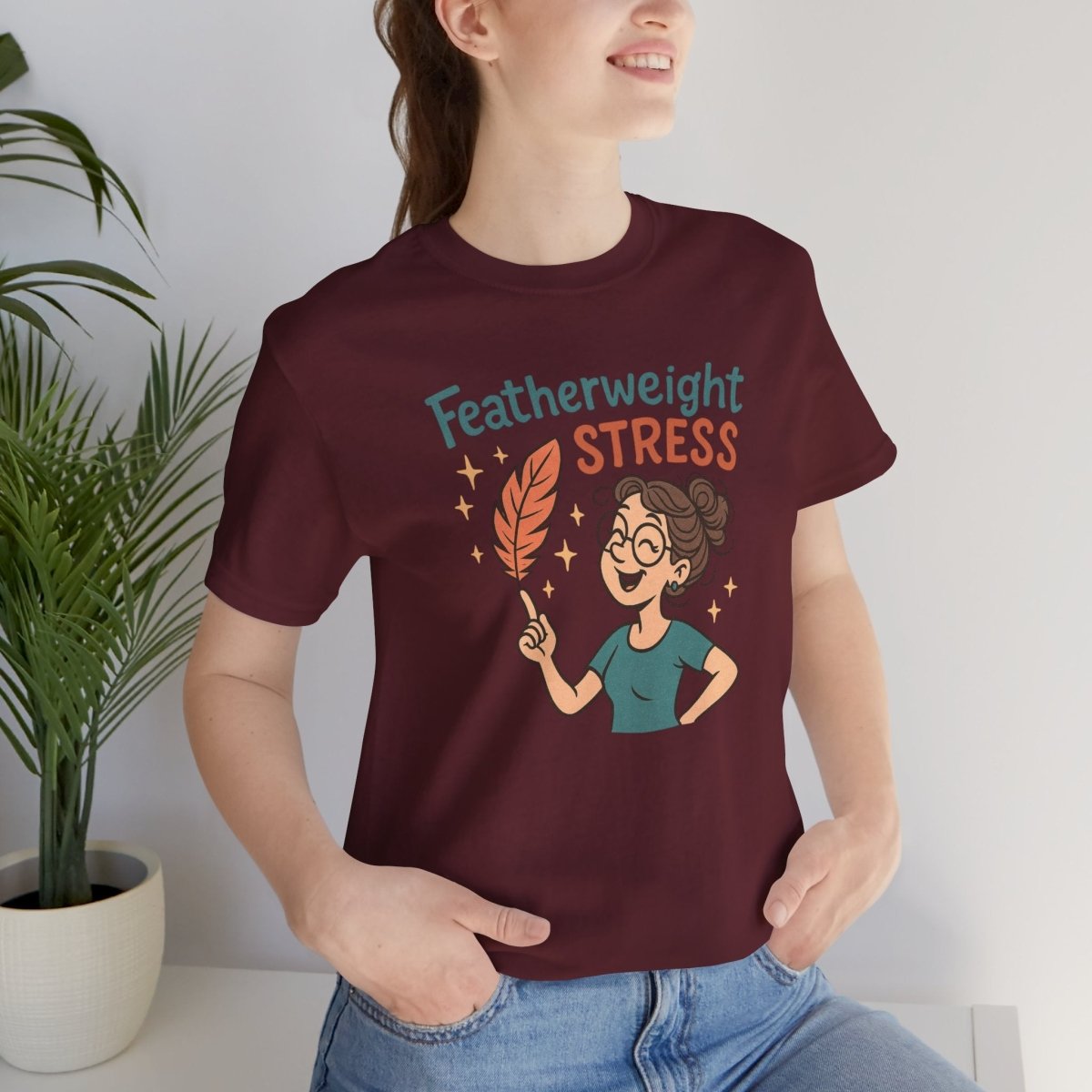 "Featherweight Stress" Unisex Tee, Funny Graphic T-Shirt, Relaxation Shirt, Gift for Mental Health Awareness, Cute Casual Wear - MINDSet Collection - AI Tee Hero