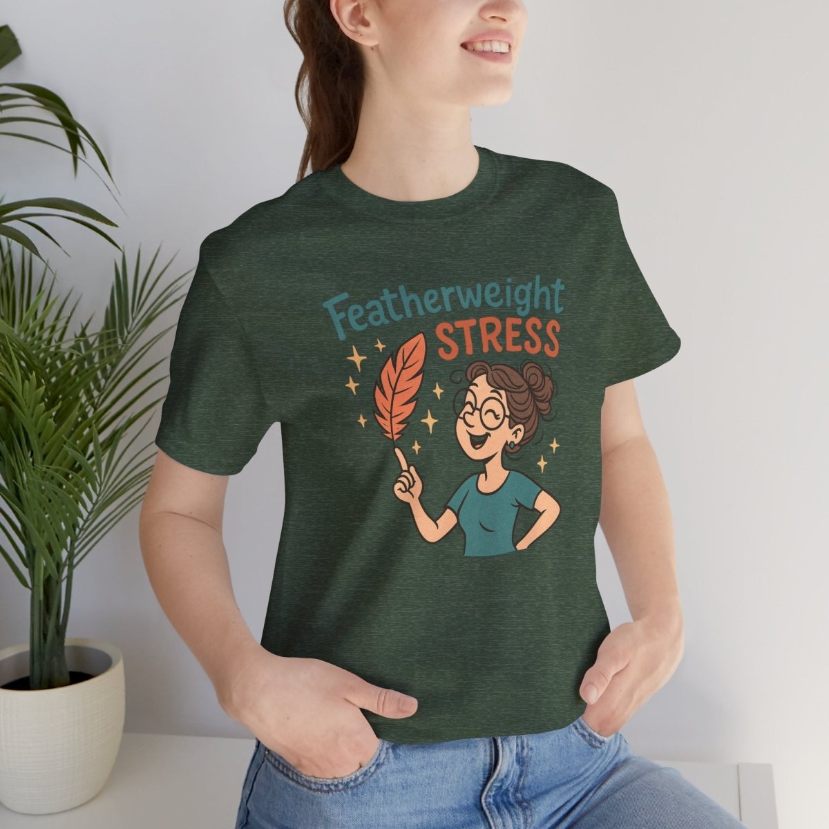 "Featherweight Stress" Unisex Tee, Funny Graphic T-Shirt, Relaxation Shirt, Gift for Mental Health Awareness, Cute Casual Wear - MINDSet Collection - AI Tee Hero