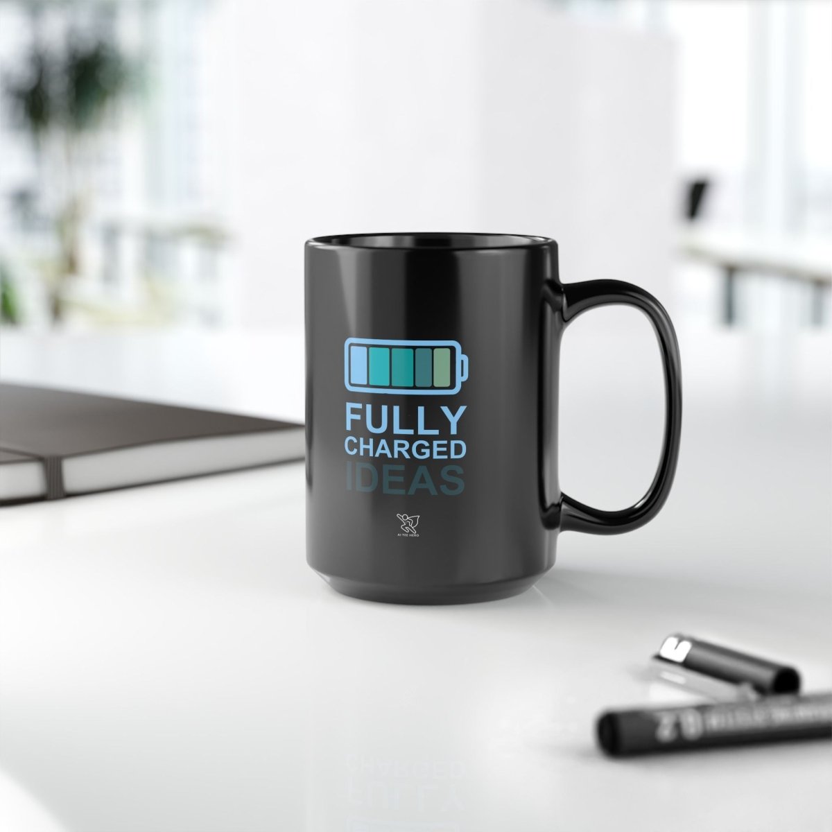 "Fully Charged Ideas" Black Coffee Mug | Motivational Office Gift, Inspirational Drinkware, Funny Mug for Creatives, Gift for Writers - AI Tee Hero