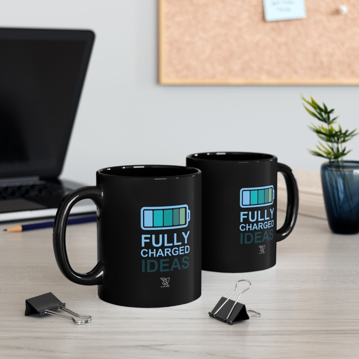 "Fully Charged Ideas" Black Coffee Mug | Motivational Office Gift, Inspirational Drinkware, Funny Mug for Creatives, Gift for Writers - AI Tee Hero