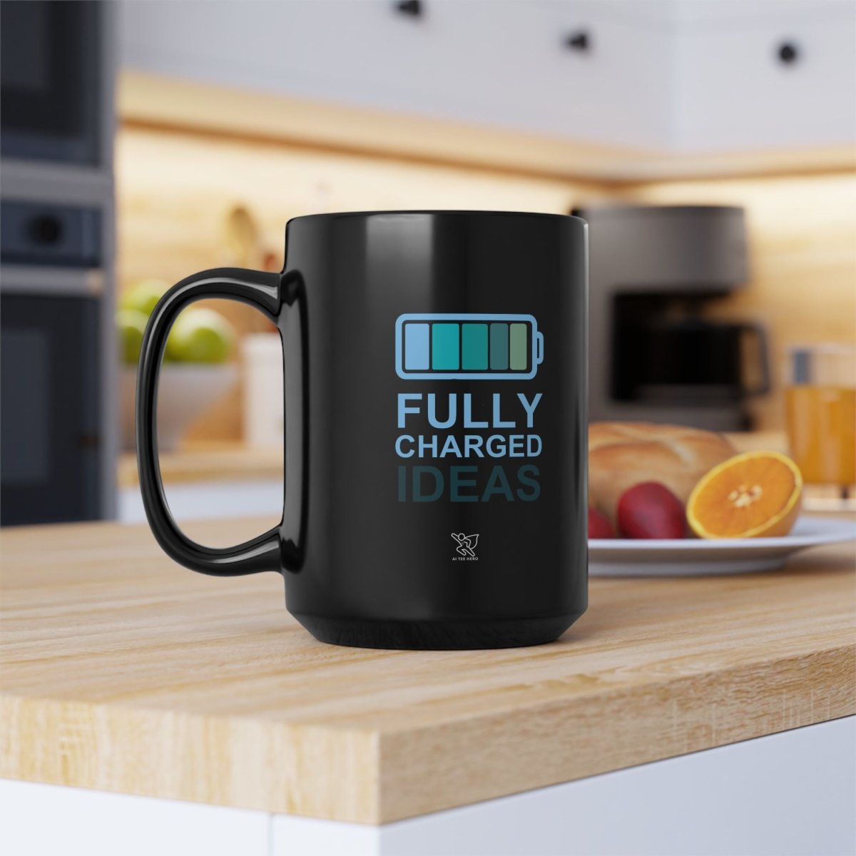 "Fully Charged Ideas" Black Coffee Mug | Motivational Office Gift, Inspirational Drinkware, Funny Mug for Creatives, Gift for Writers - AI Tee Hero