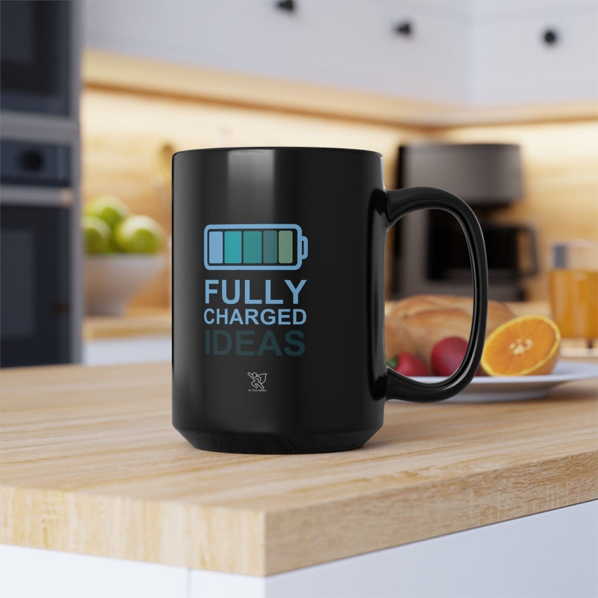 "Fully Charged Ideas" Black Coffee Mug | Motivational Office Gift, Inspirational Drinkware, Funny Mug for Creatives, Gift for Writers - AI Tee Hero