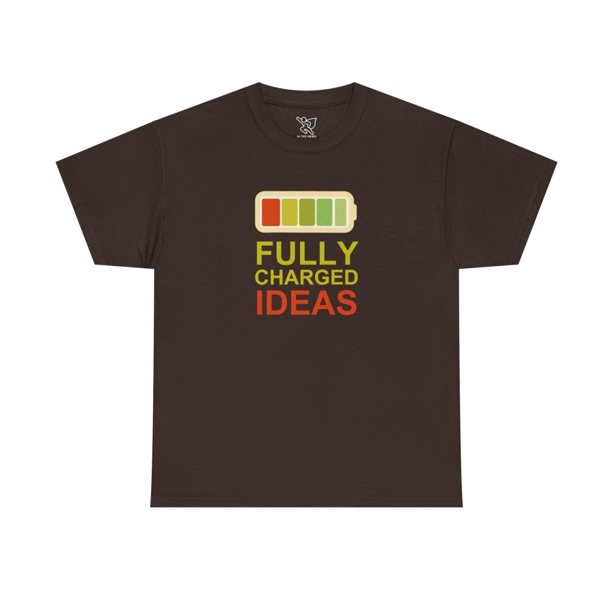 "Fully Charged Ideas" Fun Graphic Tee, Unisex Cotton Shirt, Motivational T-Shirt, Gift for Creatives, Casual Wear CW - 1 Yellow Orange - AI Tee Hero