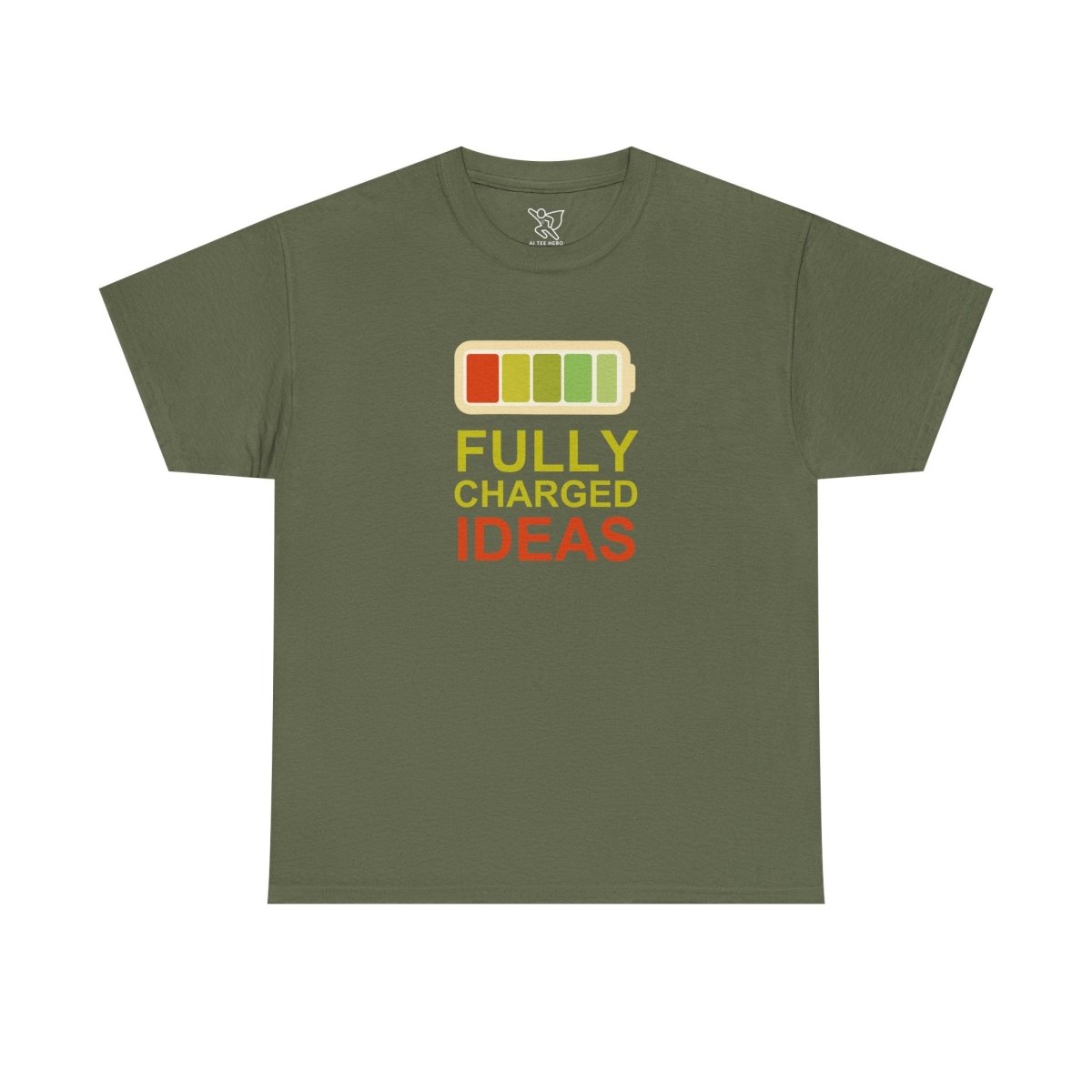 "Fully Charged Ideas" Fun Graphic Tee, Unisex Cotton Shirt, Motivational T-Shirt, Gift for Creatives, Casual Wear CW - 1 Yellow Orange - AI Tee Hero