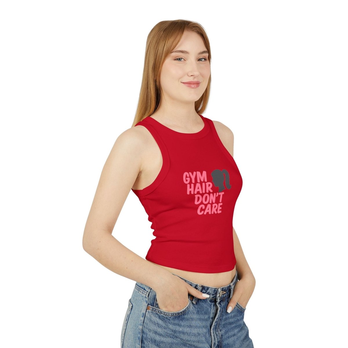 "Gym Hair, Don't Care." Stylish Women's Micro Rib Racer Tank for Gym Lovers, Perfect for Workouts, Fitness Gifts, Activewear, and Casual Outfits MINDSet - AI Tee Hero