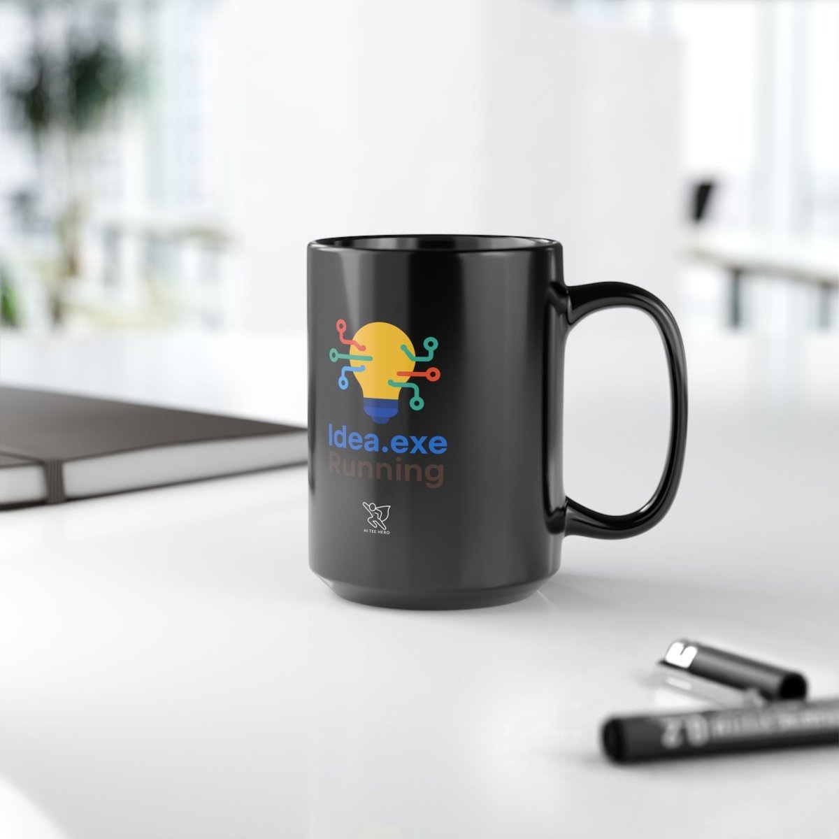 "Idea.exe Running" Creative Tech Mug for Programmers, Coffee Cup, Gift for Developers, Modern Design, Black Ceramic Mug - AI Tee Hero
