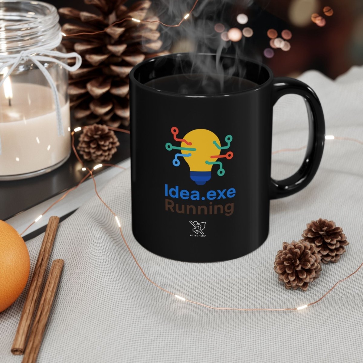 "Idea.exe Running" Creative Tech Mug for Programmers, Coffee Cup, Gift for Developers, Modern Design, Black Ceramic Mug - AI Tee Hero