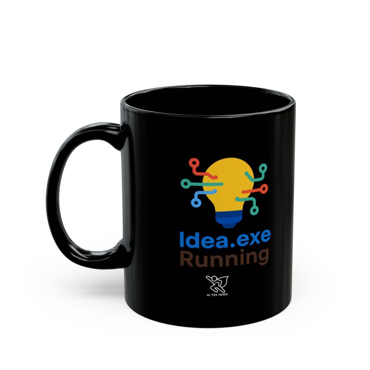 "Idea.exe Running" Creative Tech Mug for Programmers, Coffee Cup, Gift for Developers, Modern Design, Black Ceramic Mug - AI Tee Hero