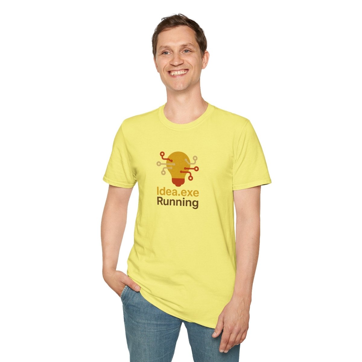 "Idea.exe Running" Tech - Inspired Unisex Softstyle T-Shirt, Geek Humor Tee, Casual Everyday Wear, Gift for Programmers, Unique Tech Gifts, Funny Coding Shirt CW - 2 Yellow Orange - AI Tee Hero