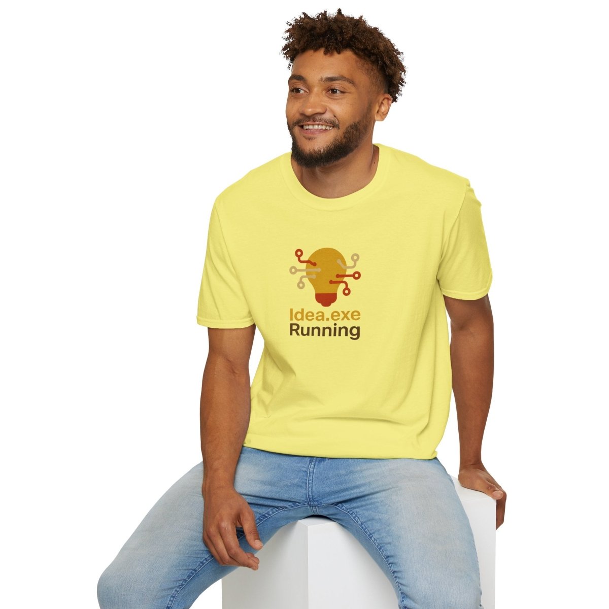 "Idea.exe Running" Tech - Inspired Unisex Softstyle T-Shirt, Geek Humor Tee, Casual Everyday Wear, Gift for Programmers, Unique Tech Gifts, Funny Coding Shirt CW - 2 Yellow Orange - AI Tee Hero