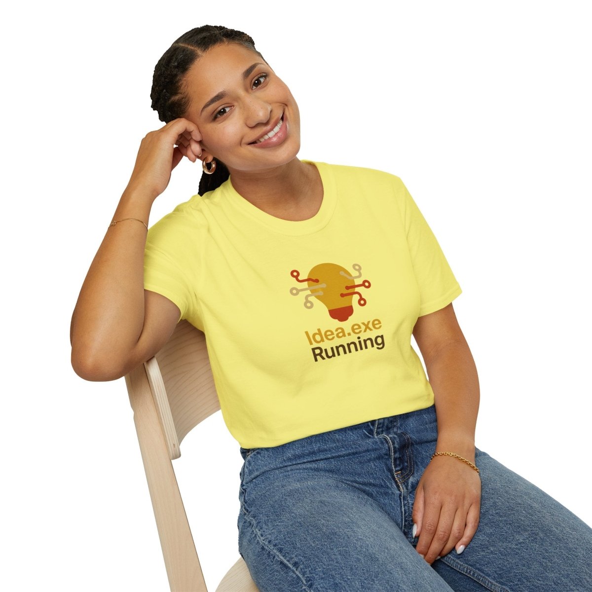 "Idea.exe Running" Tech - Inspired Unisex Softstyle T-Shirt, Geek Humor Tee, Casual Everyday Wear, Gift for Programmers, Unique Tech Gifts, Funny Coding Shirt CW - 2 Yellow Orange - AI Tee Hero