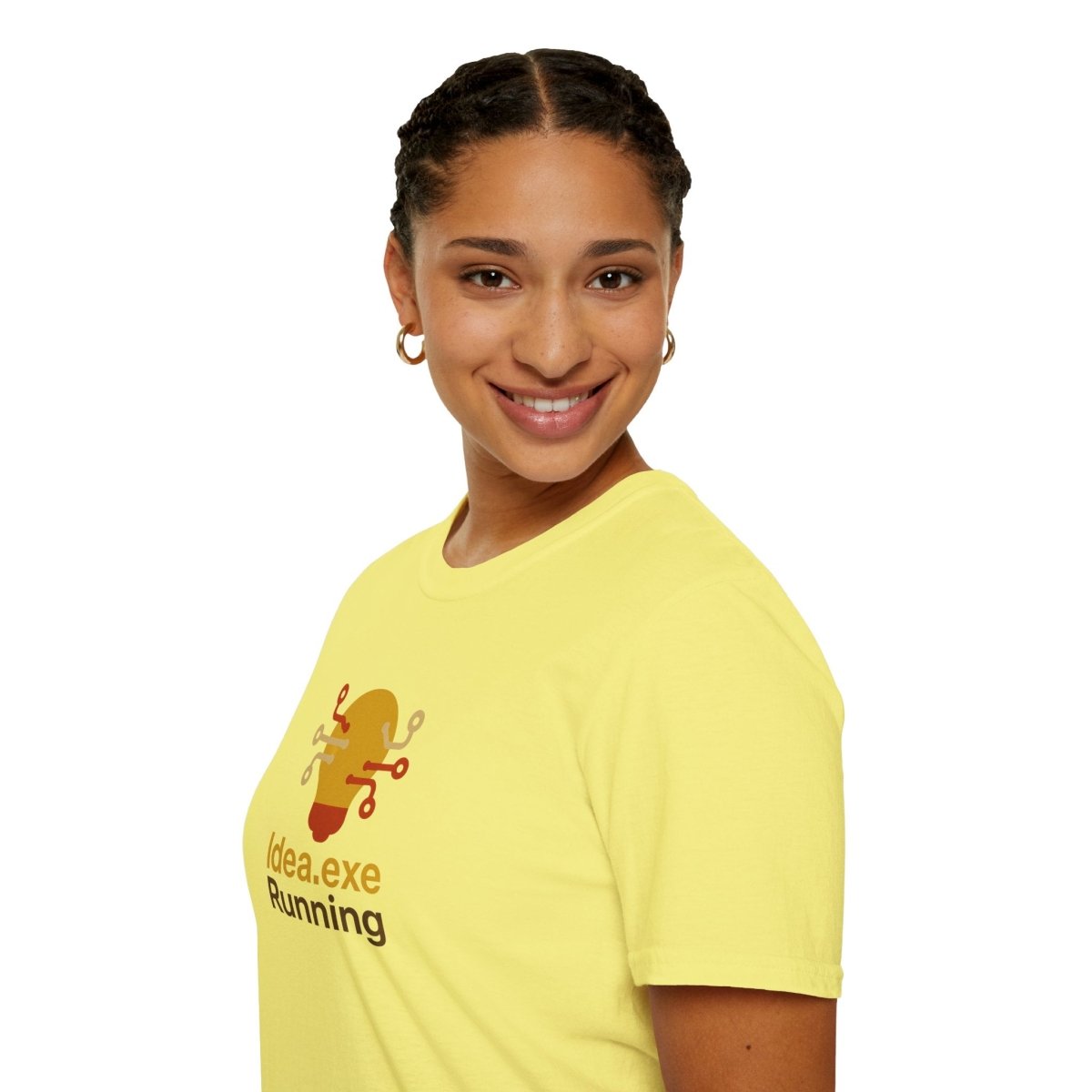 "Idea.exe Running" Tech - Inspired Unisex Softstyle T-Shirt, Geek Humor Tee, Casual Everyday Wear, Gift for Programmers, Unique Tech Gifts, Funny Coding Shirt CW - 2 Yellow Orange - AI Tee Hero