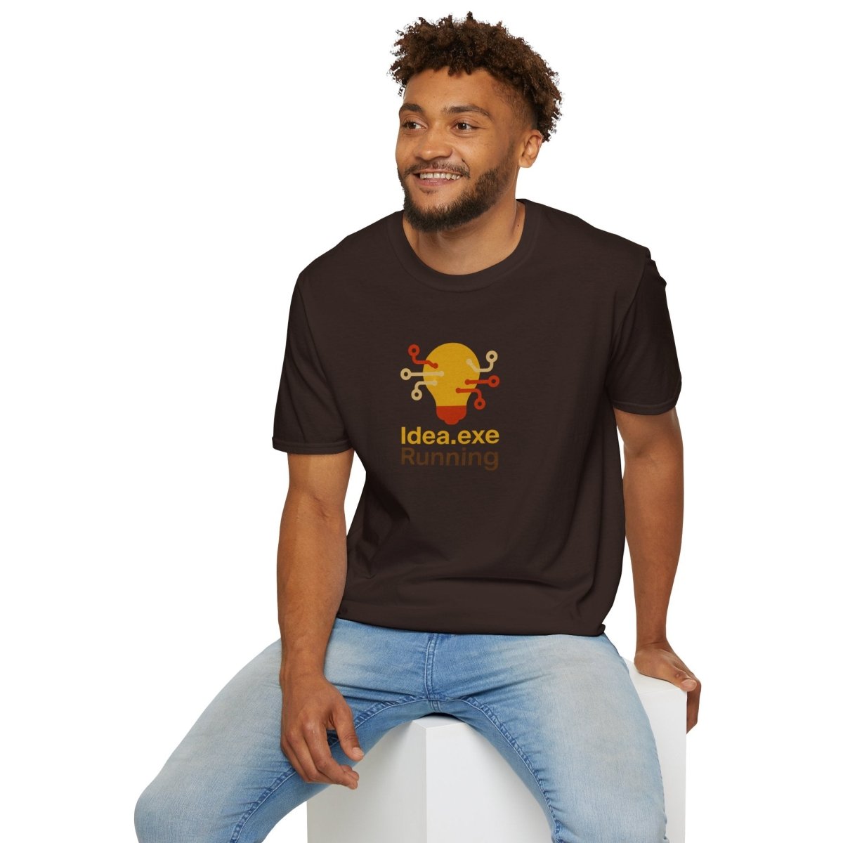 "Idea.exe Running" Tech - Inspired Unisex Softstyle T-Shirt, Geek Humor Tee, Casual Everyday Wear, Gift for Programmers, Unique Tech Gifts, Funny Coding Shirt CW - 2 Yellow Orange - AI Tee Hero