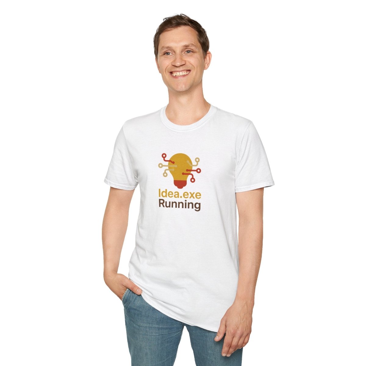 "Idea.exe Running" Tech - Inspired Unisex Softstyle T-Shirt, Geek Humor Tee, Casual Everyday Wear, Gift for Programmers, Unique Tech Gifts, Funny Coding Shirt CW - 2 Yellow Orange - AI Tee Hero