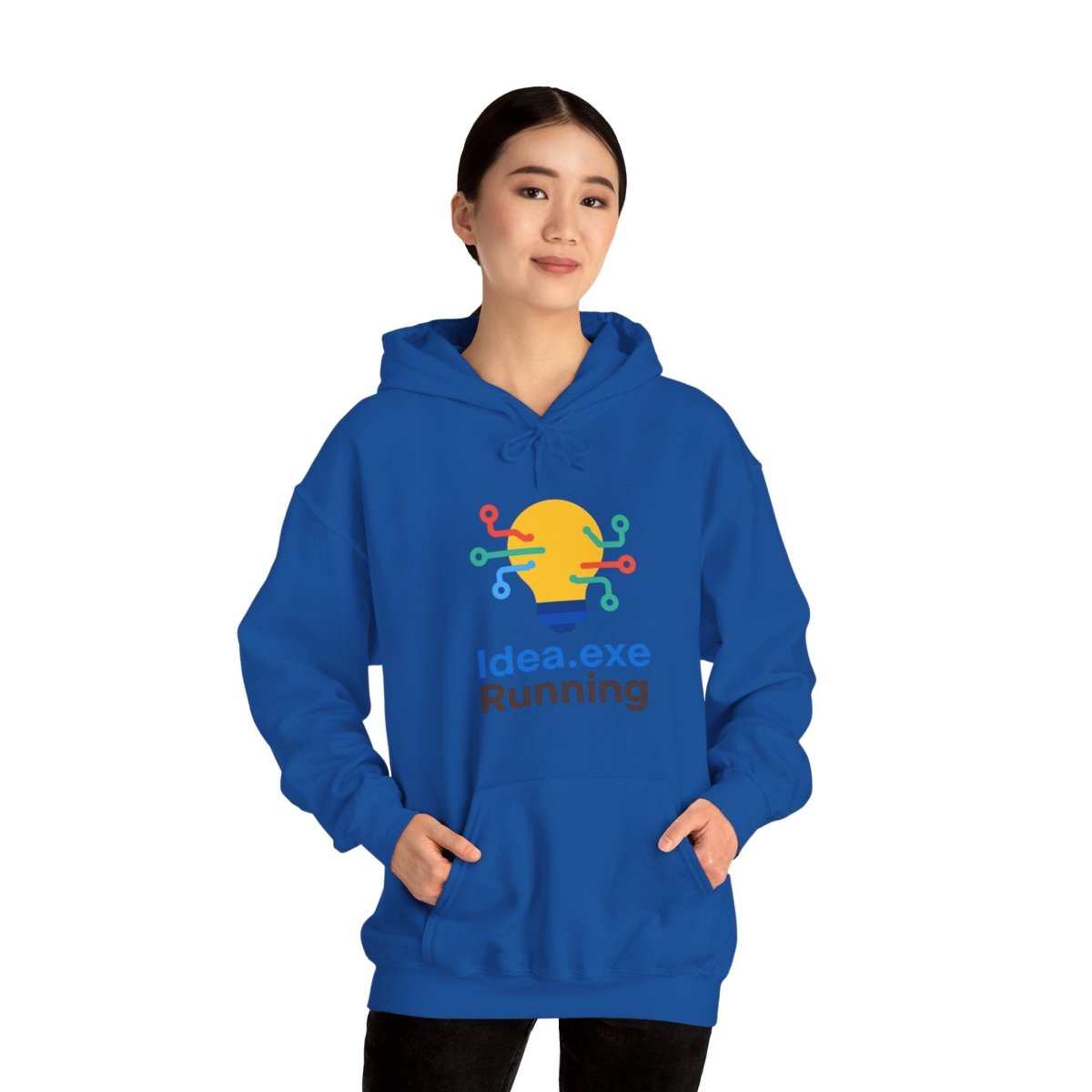 "Idea.exe Running" Unisex Heavy Blend™ Hooded Sweatshirt - Witty Tech Apparel, Vibrant Color Digital - Era Inspired Design - AI Tee Hero