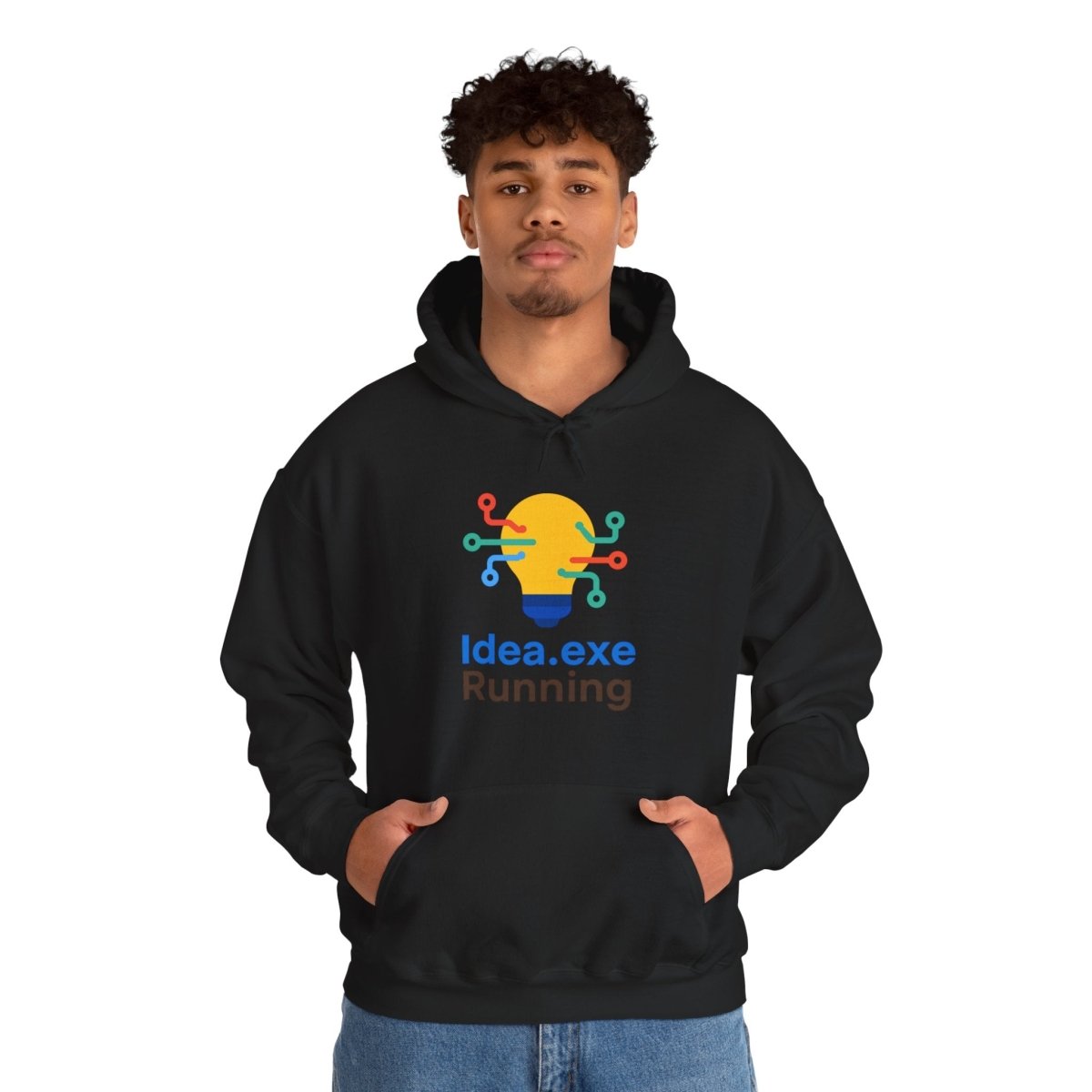 "Idea.exe Running" Unisex Heavy Blend™ Hooded Sweatshirt - Witty Tech Apparel, Vibrant Color Digital - Era Inspired Design - AI Tee Hero
