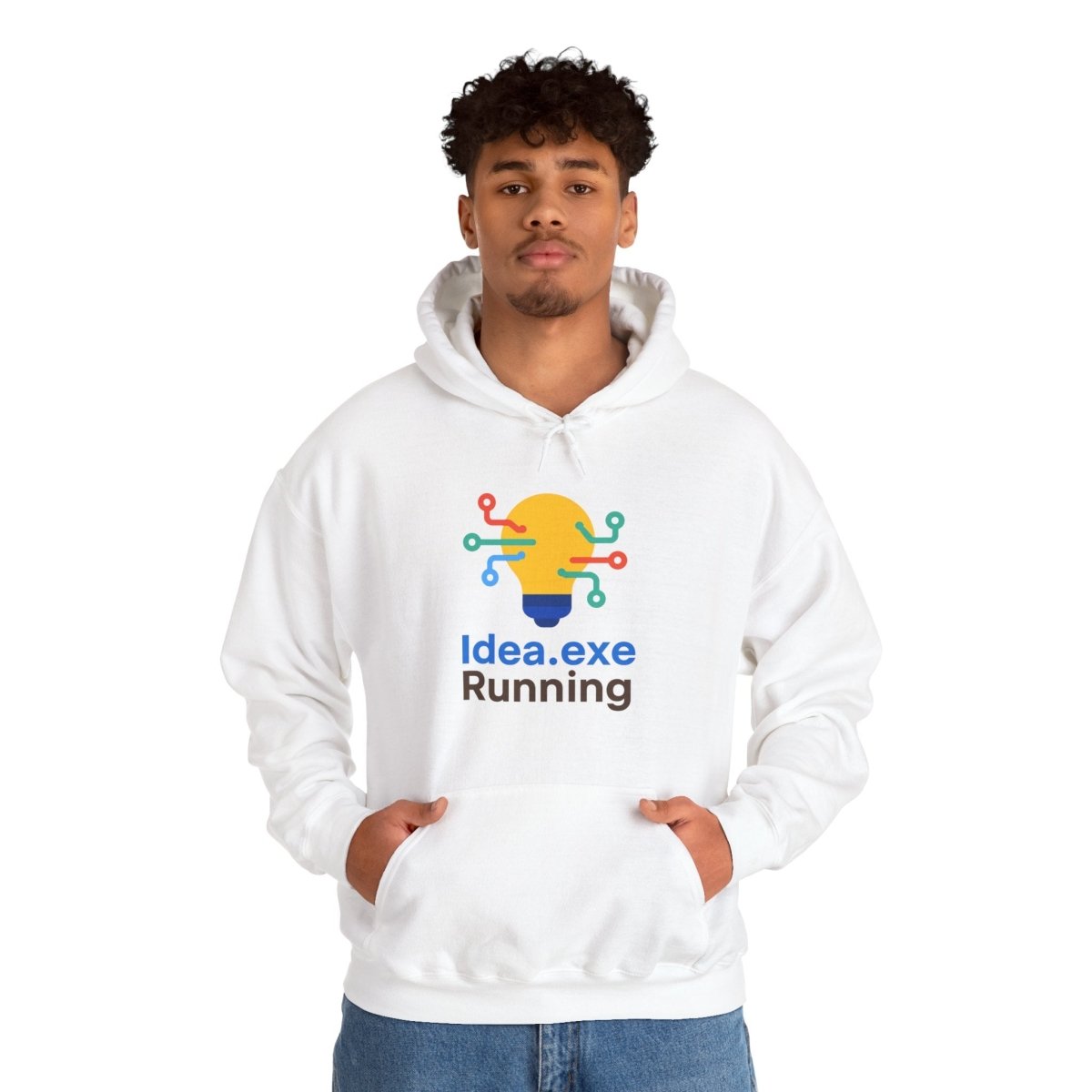 "Idea.exe Running" Unisex Heavy Blend™ Hooded Sweatshirt - Witty Tech Apparel, Vibrant Color Digital - Era Inspired Design - AI Tee Hero