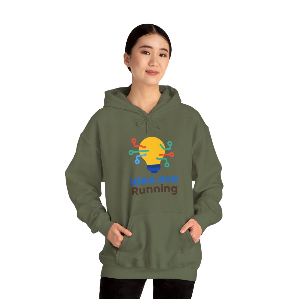 "Idea.exe Running" Unisex Heavy Blend™ Hooded Sweatshirt - Witty Tech Apparel, Vibrant Color Digital - Era Inspired Design - AI Tee Hero