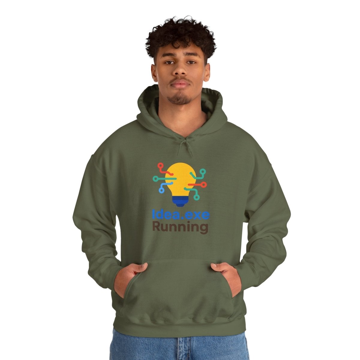 "Idea.exe Running" Unisex Heavy Blend™ Hooded Sweatshirt - Witty Tech Apparel, Vibrant Color Digital - Era Inspired Design - AI Tee Hero